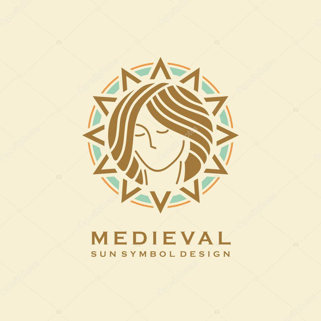 Medieval symbol with young girl and sun tribal shape. Vintage heraldic graphic template. Unique vector logo design.