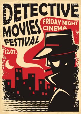 Dedektif filmleri festivali geçmişe dönük afiş şablonu gizli ajan silueti ve şehir silueti. Sinema etkinliği için klasik tabela. Casus, suç, gizem ve gerilim filmleri vektör çizimi.