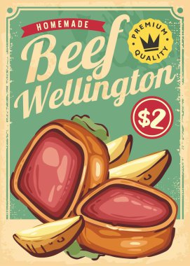 Beef Wellington eski tanıtım poster dekorasyonu. Menü, popüler yiyeceklerle birlikte tasarım şablonu sunuyor. Fırında biftek ve patates kızartması. Vektör Restoran Reklamları.