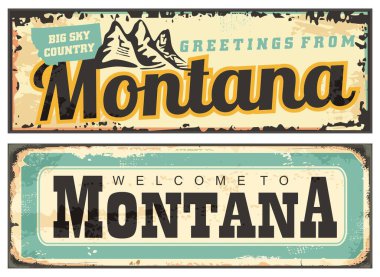 Montana USA teneke tabelaları. Antika Montana tebrik kartları. Montana 'ya Vektör illüstrasyonu Hoşgeldiniz.