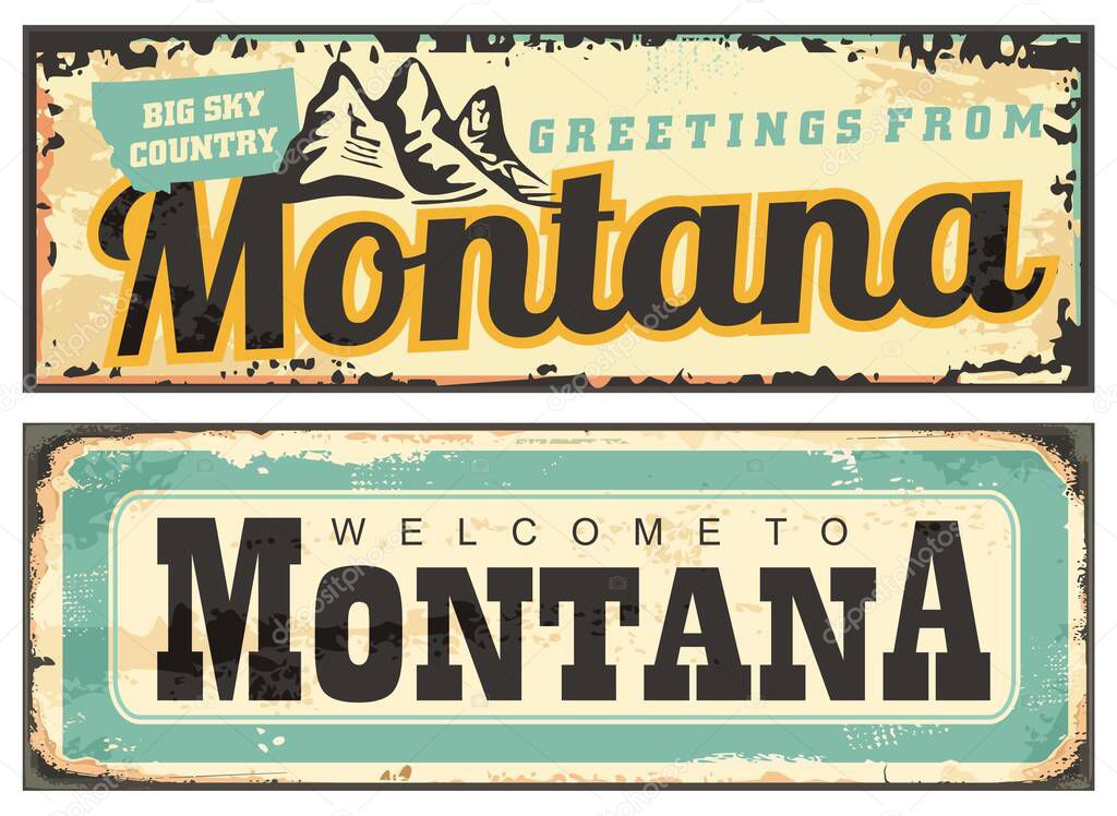 Montana USA retro tin signs. Vintage Montana greeting cards. Vector illustration welcome to Montana.