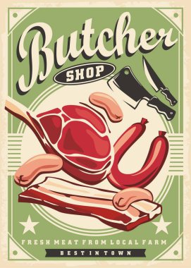 Kasap dükkanı için taze et ürünleri retro posteri. Domuz eti, biftek sosis ve pastırma. Klasik gıda vektör tasarımı.