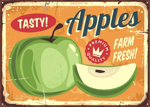 青苹果老式农场标志板 苹果片复古图形 古老的种植标志与健康美味的水果 病媒模板 — 图库矢量图片