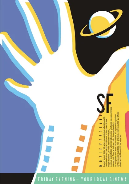 Ideia Design Cartaz Festival Ficção Científica Mão Humana Atingindo Distância — Vetor de Stock