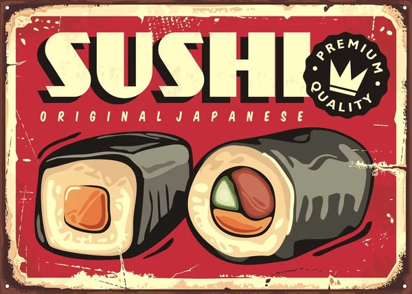 Sushi Bar Food Retro Schild Mit Traditionellen Japanischen Sushi Rollen — Stockvektor