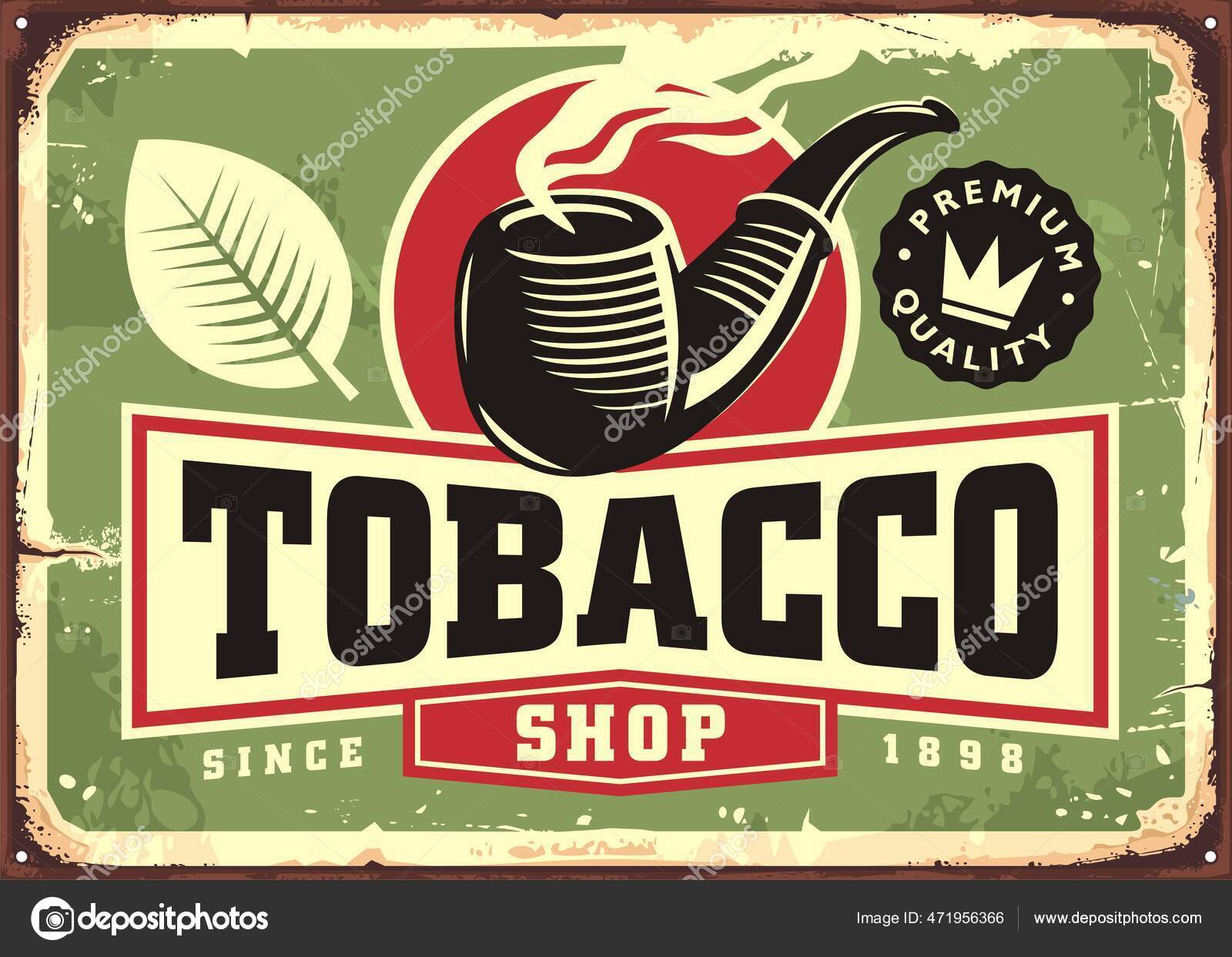 Tobacco Shop Retro Sign Advertisement Smoking Pipe Tobacco Leaf Vintage