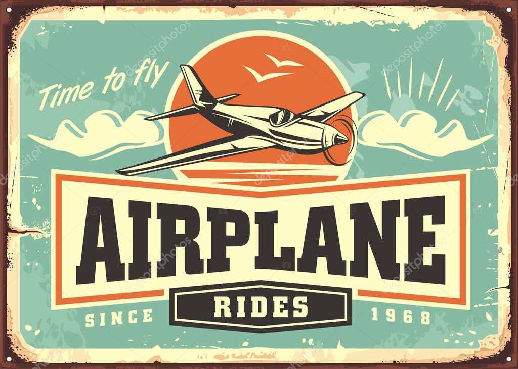 Airplane rides and tours retro advertising sign template. Love to fly travel and vacation vintage ad. Promo vector poster idea with airplane flying on the sky.