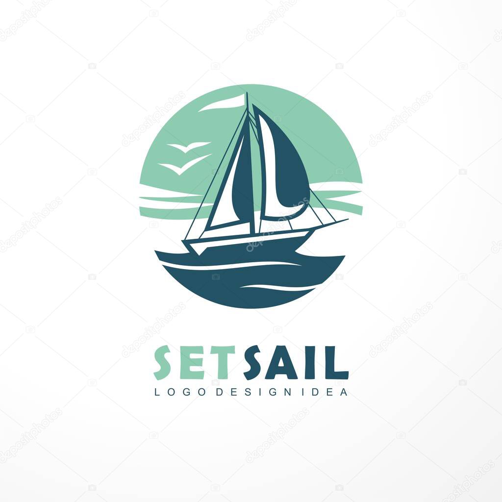 Sail logo design with yacht sail boat on open sea and blue sky. Sailing vector symbol idea. Travel and vacation graphic icon layout.