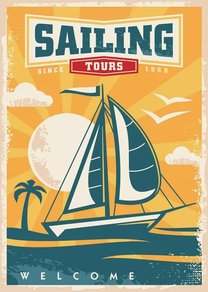 セーリングツアー帆ボートと美しい夕日とレトロなポスターデザイン ヴィンテージベクトル夏イラスト 熱帯の楽園 セーリングボート 海とビーチグラフィック — ストックベクタ