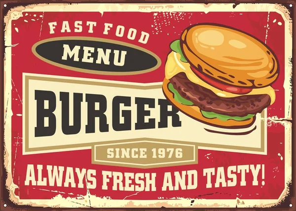 Fast Food Menubord Met Lekkere Burger Illustratie Rode Achtergrond Vintage — Stockvector