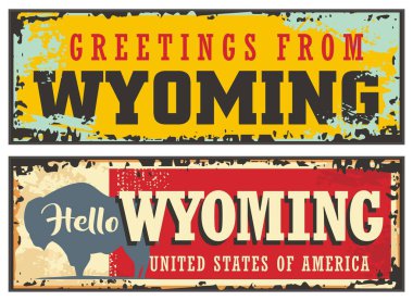 Wyoming Birleşik Devletleri hatıra kartı tasarımı. ABD eyaletleri için klasik tabela düzeni. Wyoming vektör posterleri hazır. Wyoming 'den selamlar..