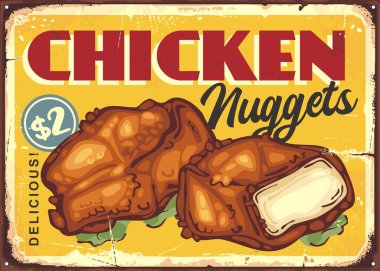 Kızarmış tavuk menüsü reklamı. Kızarmış tavuk etiyle retro işareti. Fast food restoranının klasik vektör posteri.