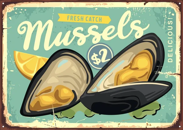 Mussels Lemon Parsley Graphic Seafood Restaurant Vintage Sign Freshly Caught — Stock Vector