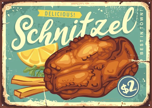 Cartel Menú Comida Vintage Schnitzel Frito Para Bistro Restaurante Signo — Vector de stock