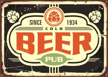 Eski bar tabelası eski duvar dekoru. Değiştirilmiş tipografi ve sekme grafikli bira posteri. Kafe barı için bira vintage vektör panosu iç.