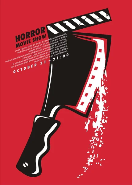 恐怖片节艺术海报设计与血腥的切割机和电影拍手 电影海报的艺术设计 带斧头和血迹的病媒娱乐节目 — 图库矢量图片