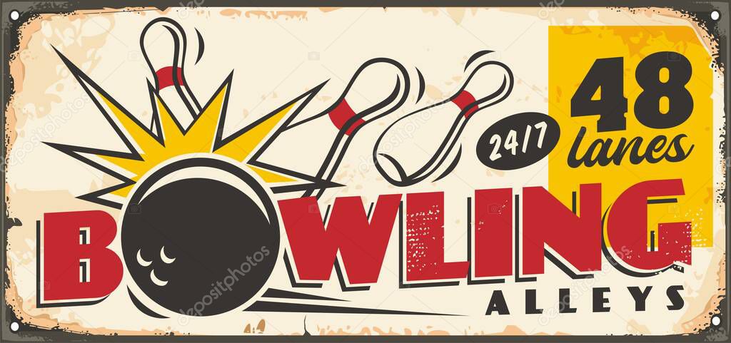 Bowling club retro sign board design template with bowling ball and pins.  Vintage 1950s comic style advertisement for bowling alleys and bar. Sports, games and recreation vector theme on old metal background.