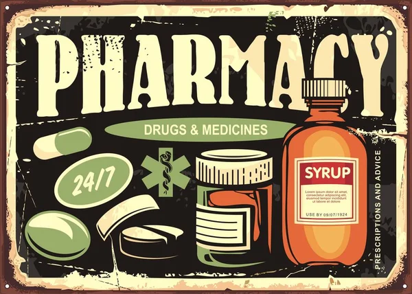 Vintage Pharmacy Sign Various Medicines Drugs Pills Syrups Apothecary Retro — Stock Vector