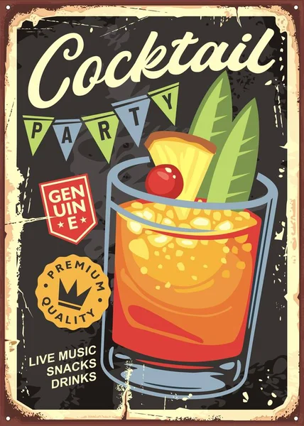 Cocktail Bar Vintage Sign Design Glass Mai Tai Old Metal — Stock Vector