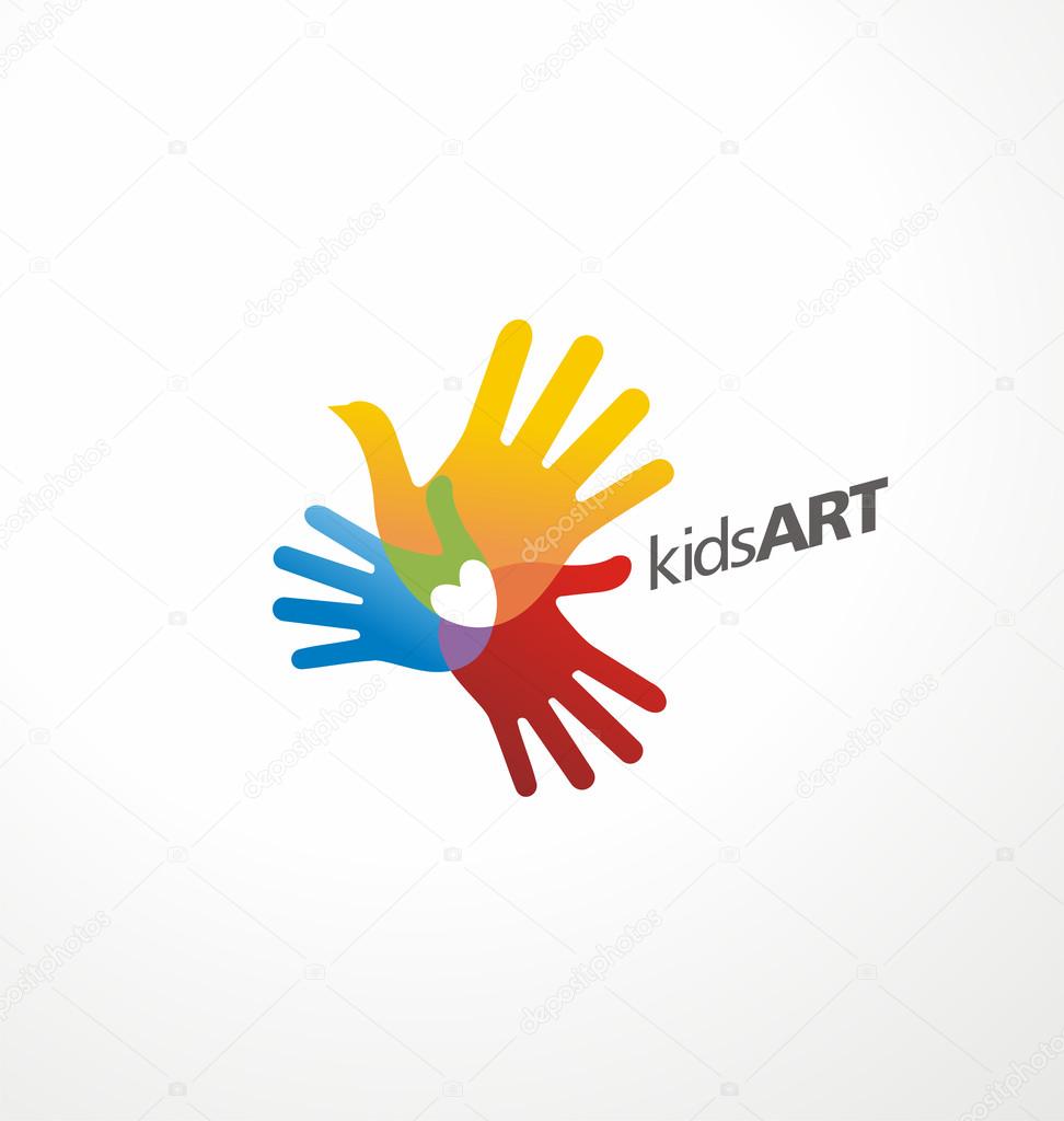 Bird shape made with children hand prints. Unique logo design concept for kids art. Preschool symbol template. Creative colorful icon. Hearth shape in negative space.