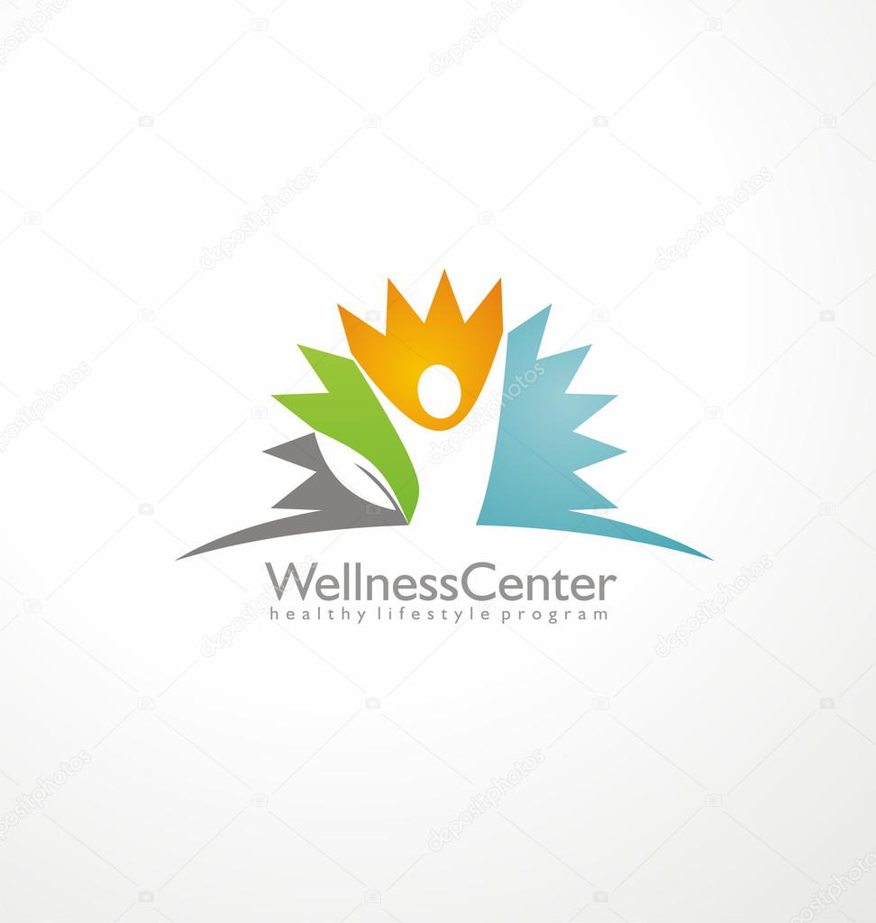 Wellness center logo design concept. Spa and massage symbol template. Healthy life style creative icon template. Colorful abstract shape with leaf and human figure in negative space.