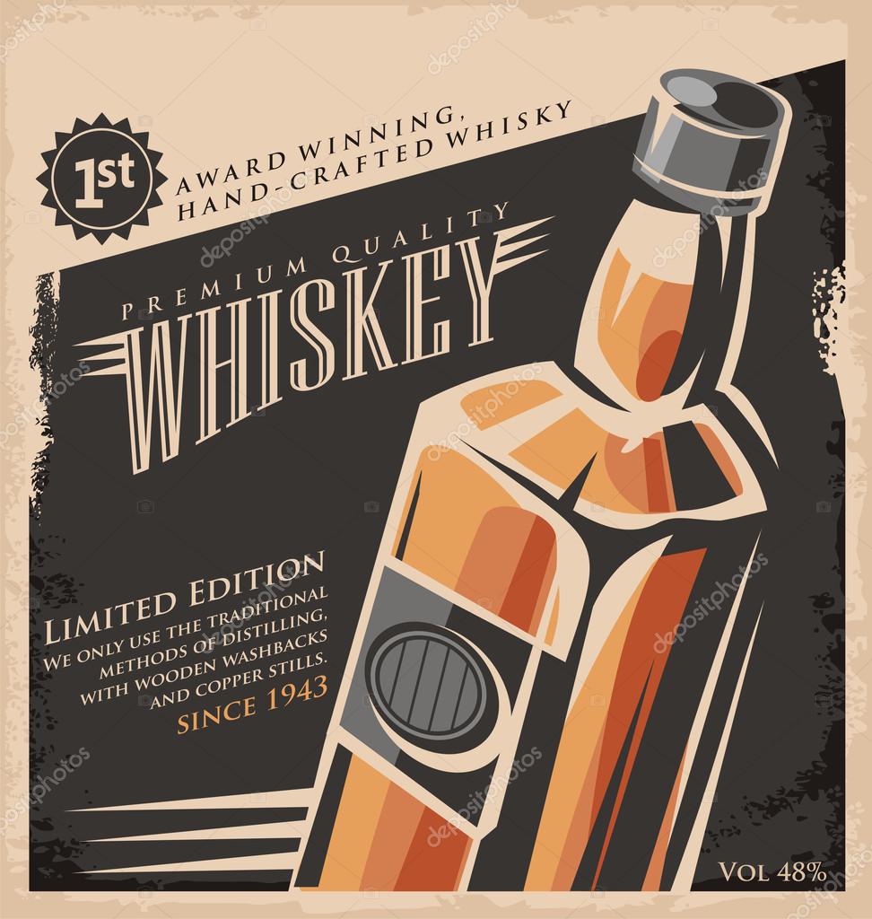 Whiskey vintage poster design template. Retro drink creative  promotional ad concept. Vector flyer or banner background layout. No gradients or effects, just fill colors. Old paper texture.
