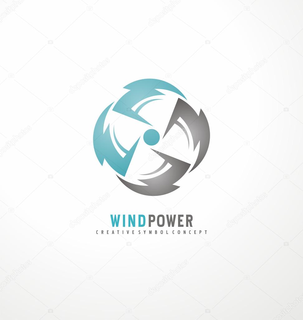 Wind turbine logo design template. Air conditioning vector symbol concept. Cooler icon. Circle thunder symbols with fan in negative space.
