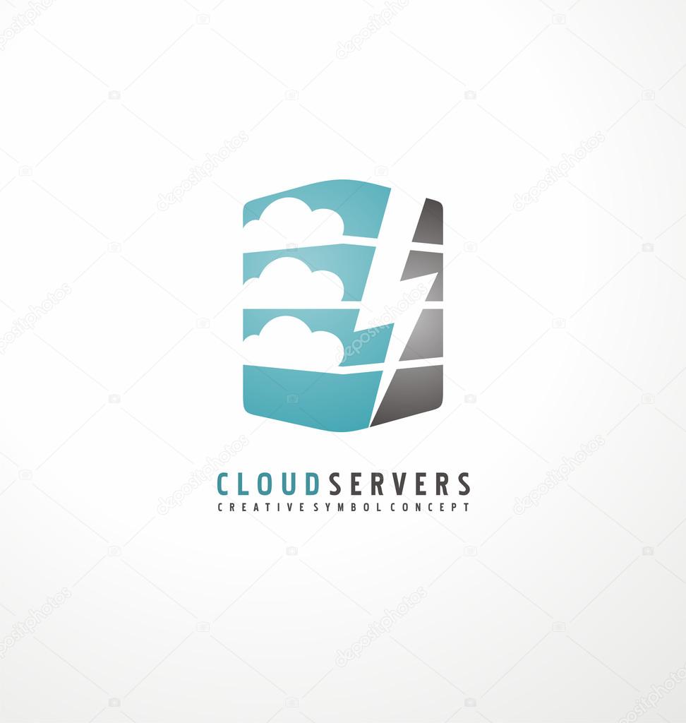 Computer Server icon with clouds and thunder symbol in negative space. Creative logo design template for cloud computing company. Networking, web hosting, data center theme.