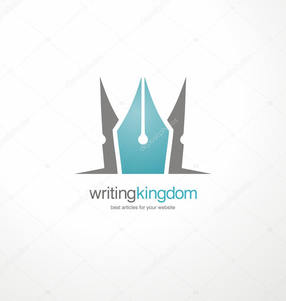 Creative vector symbol for article writing. Logo design template with crown and pen. Promotional icon shape for book editors and writers.