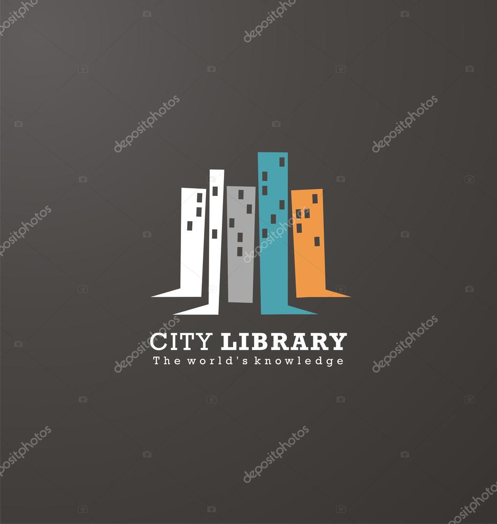 Bookshelves as city scape creative design concept. Logo design idea for library or book store. Vector symbol with buildings shapes. Flat icon education theme.