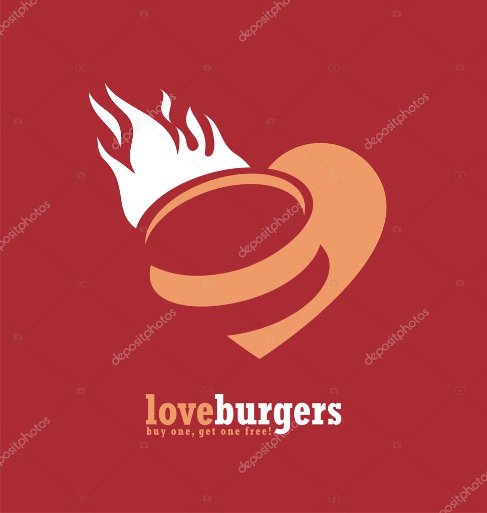 Minimalistic ad design for fast food restaurant. Burger symbol creative concept. Hamburger poster with heart and fire. Simple vector banner with food icon in negative space.