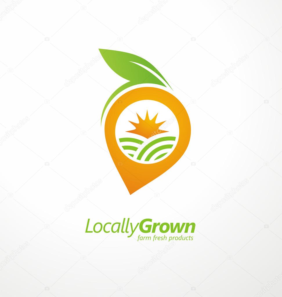 Locally grown food from local farmers vector label template. Vegetable logo design concept layout. Fruit symbol with sun and fields. Farm fresh products icon layout.