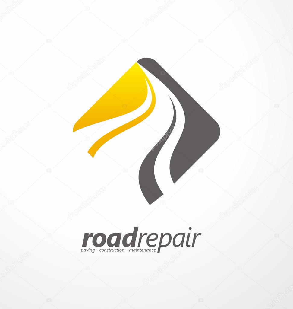 Road maintenance creative sign concept. Paving logo design template. Construction vector icon idea with highway in negative space. Transportation and traffic theme.