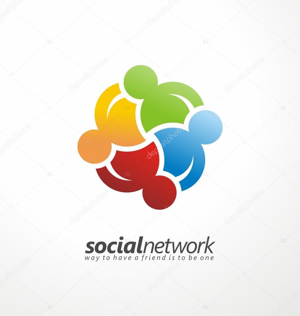 Friends concept social network symbol. Abstract business logo design colorful concept.  Internet community, online network and social media symbol layout. Unique friendship shape with human figures.