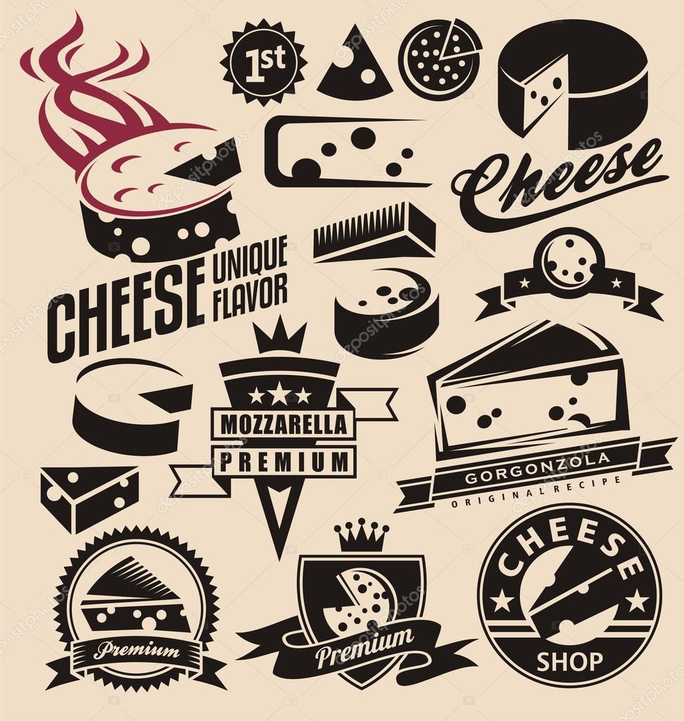 Set of cheese emblems, symbols, logo design concepts, badges, signs, icons and design elements. Dairy products collection.