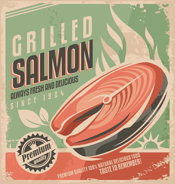 Diseño de póster retro de salmón a la parrilla — Archivo Imágenes Vectoriales