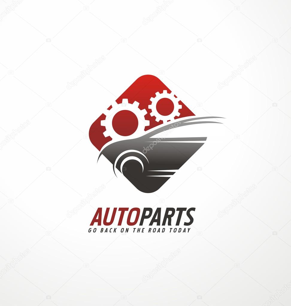 Auto parts logo design concept. Car and gears in negative space. Creative symbol layout. Corporate icon with transportation theme. Service and garage label.