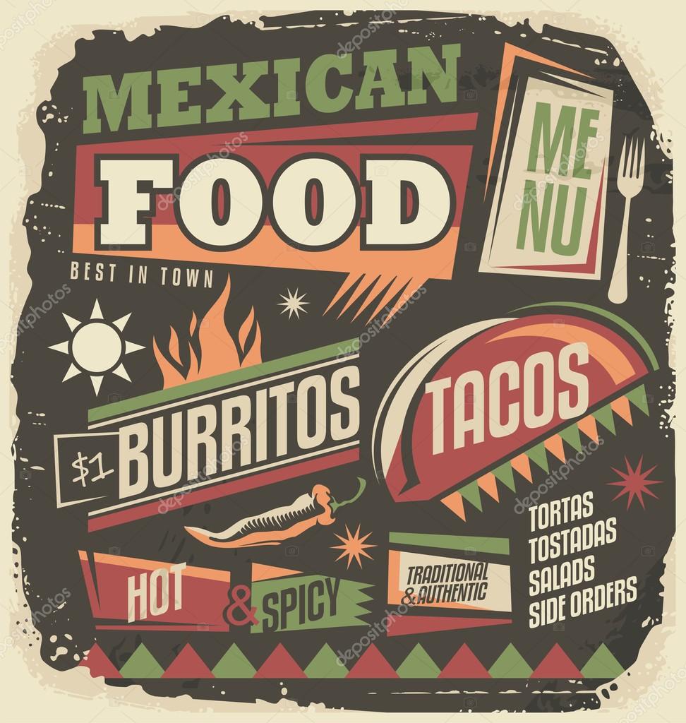 Mexican restaurant funky menu design concept. Retro Mexican food design elements collection. Vintage poster with tacos and burritos on old paper texture. No gradients and effects, just a fill colors.