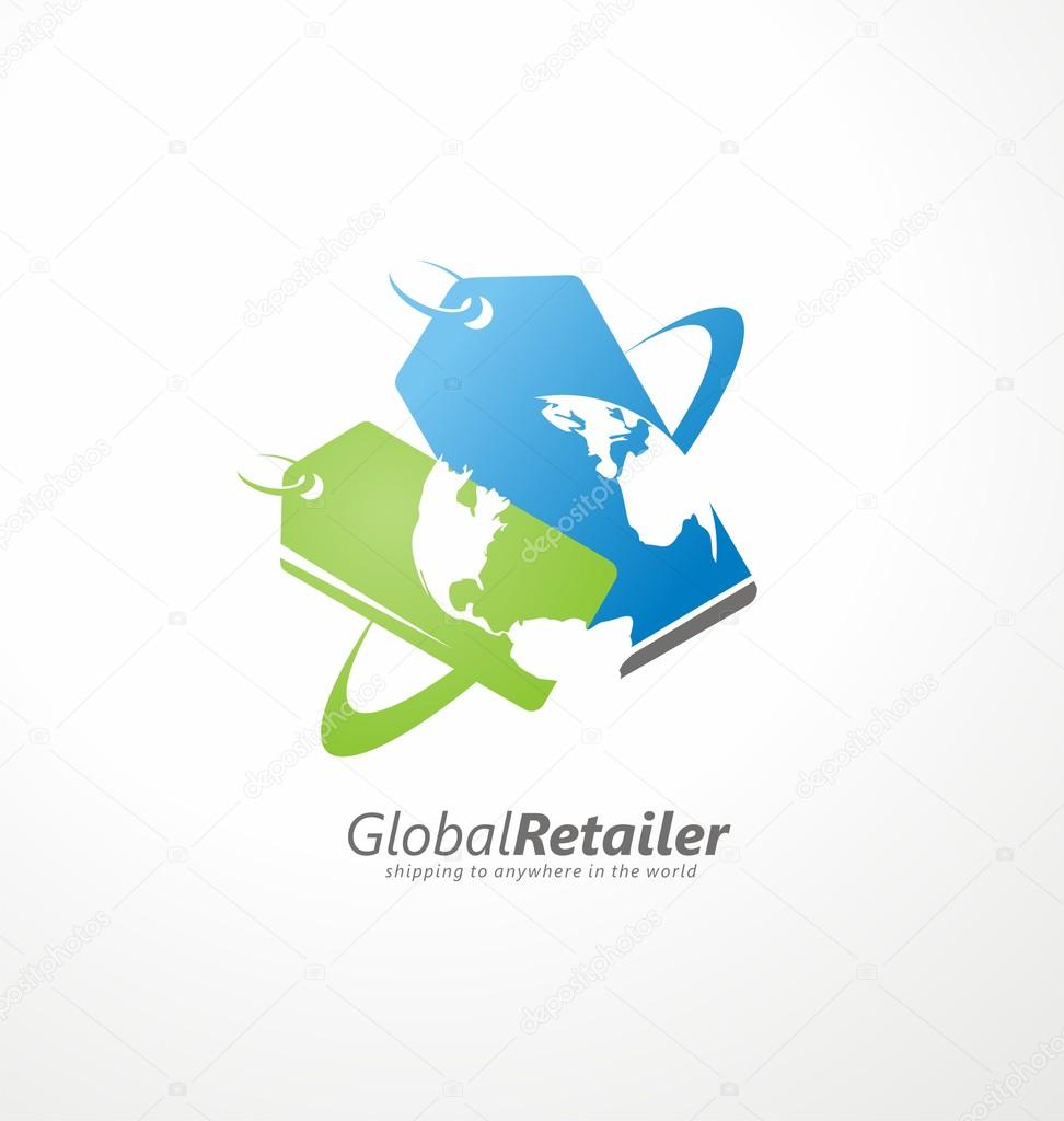 Online shop logo design layout. Global retailer creative symbol concept with price tags and globe in negative space. Business icon vector graphic.