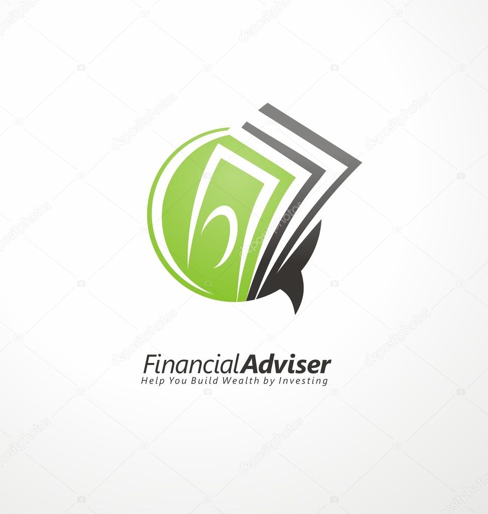 Financial adviser logo design layout. Business and finance creative concept. Money symbol template. Bubble speech with cash in negative space.