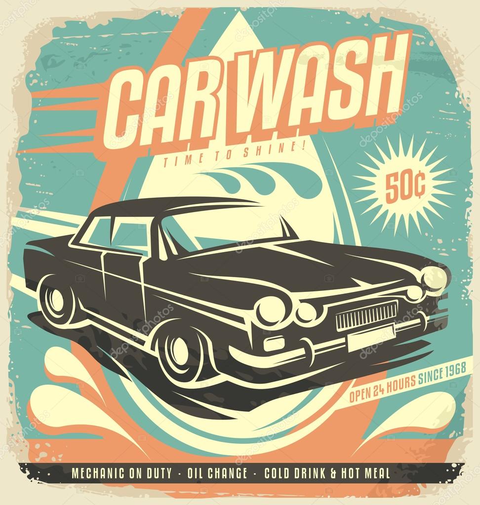 Car wash posters designs Retro car wash poster design — Stock Vector