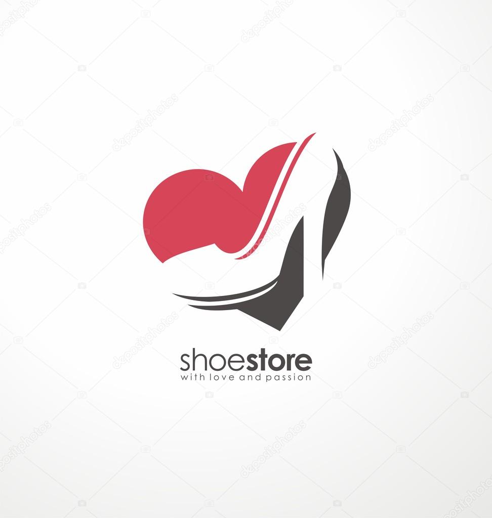 Creative logo design concept for shoe store. Unique symbol template with heart shape and high heels shoe in negative space. Icon layout.