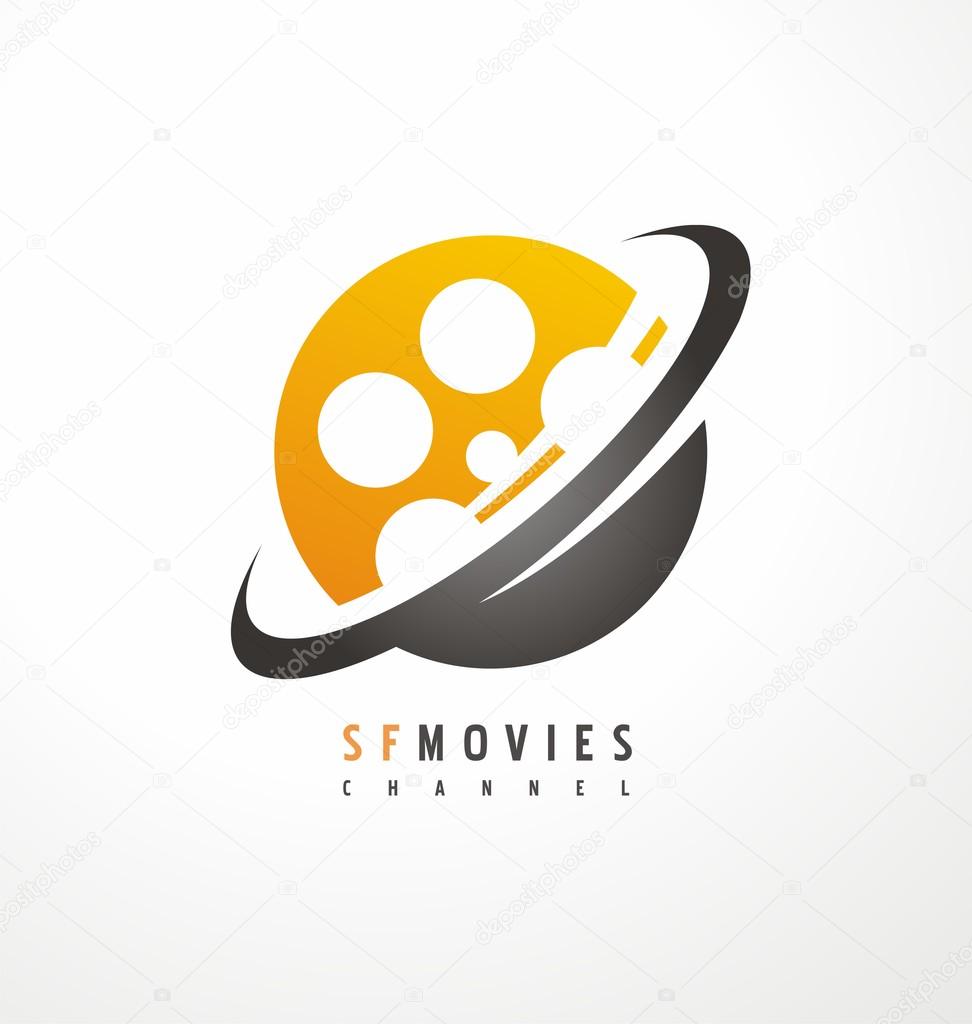 Creative logo design for movie and television industry. Unique symbol template with planet and film roll. Corporate icon layout.