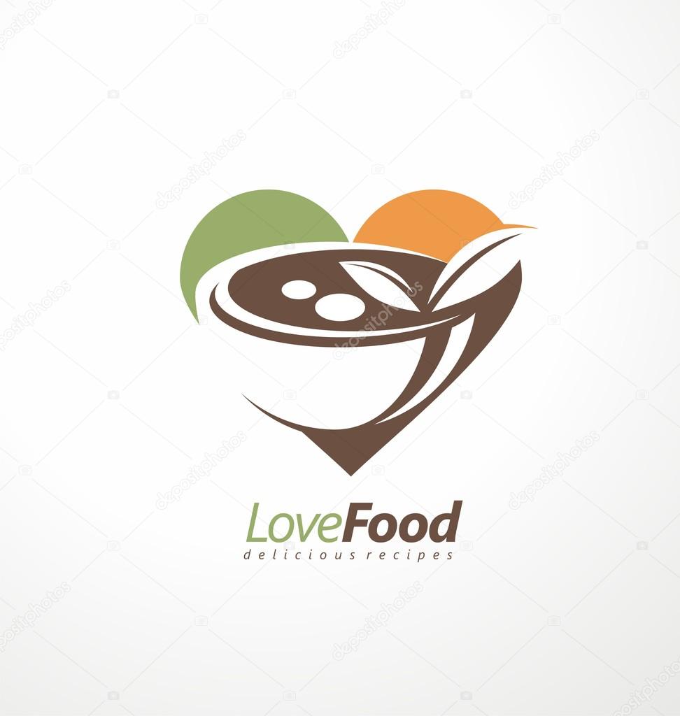 Food and restaurant logo design idea. Heart shape with food dish in negative space. Kitchen and cooking creative symbol template. Organic food products vector icon template on light background.