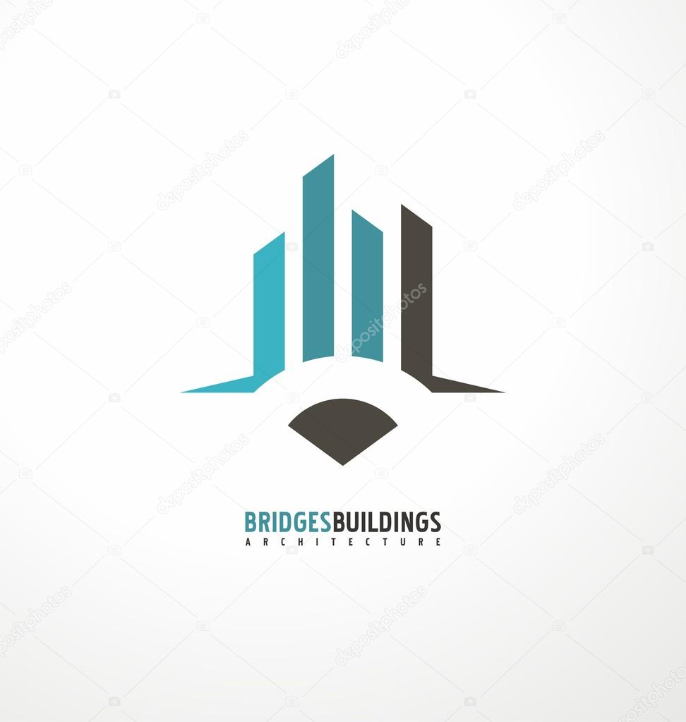 Creative concept with pencil and city skyline with bridge in negative space. Architecture logo design layout. Commercial buildings construction symbol.