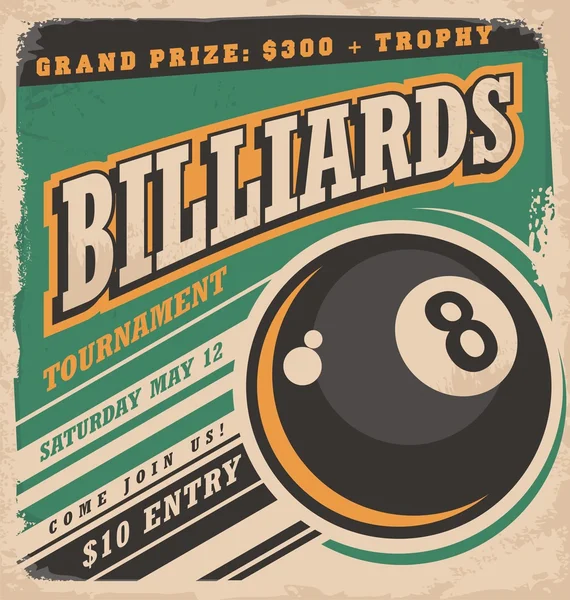 Disegno poster retrò per il torneo di biliardo . — Vettoriale Stock