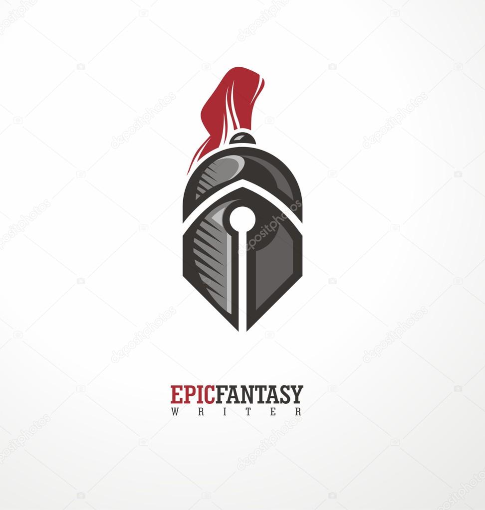 Creative symbol concept with knight and pen. Logo design layout for epic fantasy genre writer or publisher. Book lovers icon template.