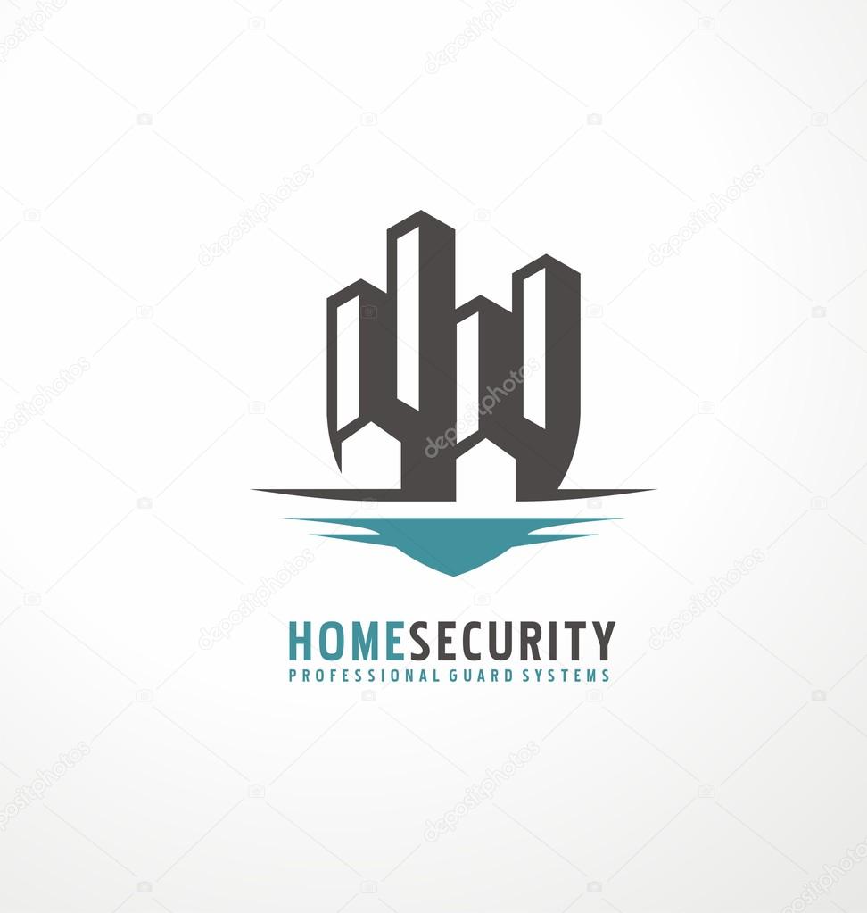 Creative logo design with cityscape  as part of the shield. Home security business symbol. Unique icon concept for insurance company or guard company. Simple unique idea.