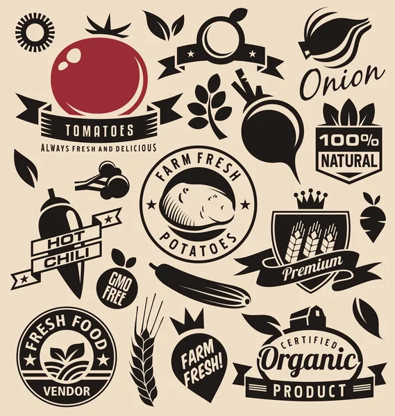 野菜アイコン、ラベル、サイン、シンボル、ロゴのレイアウトおよびデザイン要素ベクトル セット — ストックベクタ