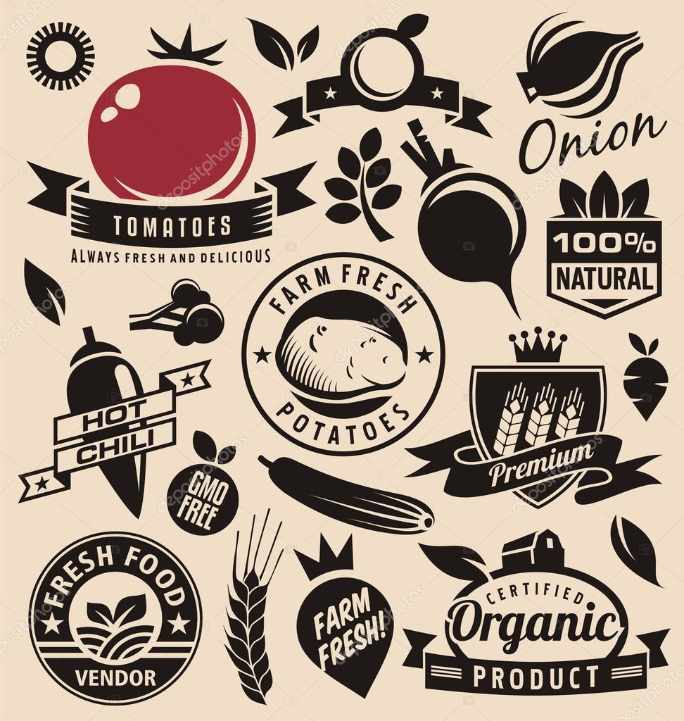 Vegetables icons, labels, signs, symbols, logo layouts and design elements vector set. Fresh farm food logo design elements. Healthy and gmo free organic products vintage graphic collection.